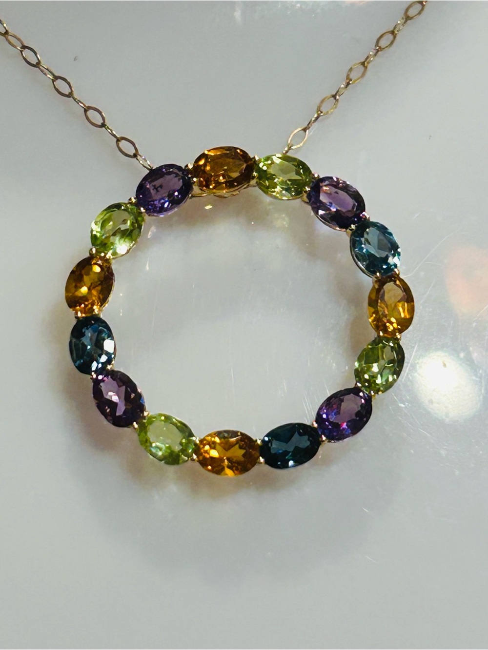 18k Gold Multicolor Natural Gemstones Halo Necklace